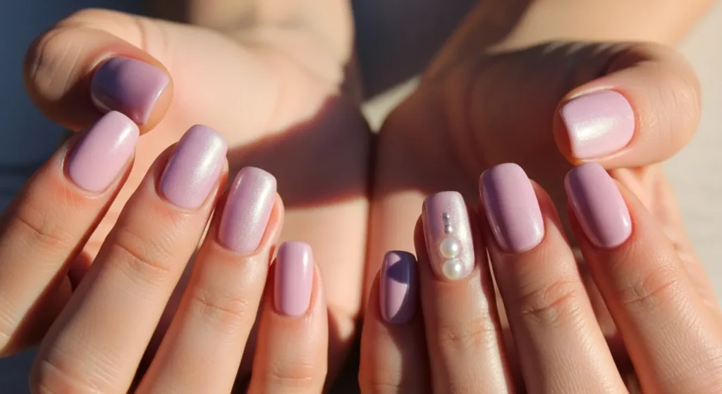July Nails 2025 Style: Stunning Designs to Elevate Your Summer 10 Pearlescent soft lilac and dusty pink nails with pearl charms reflecting sunlight.