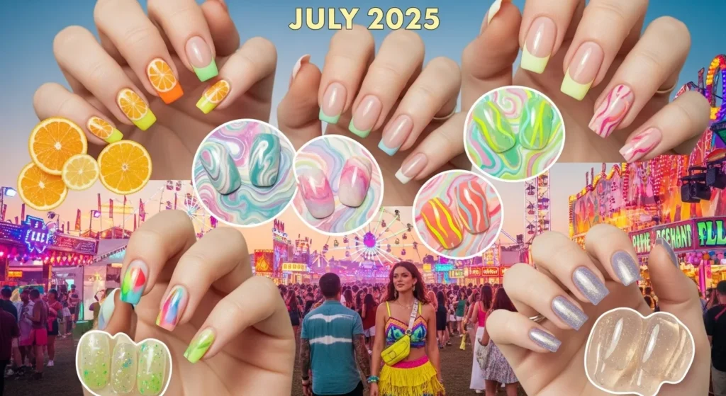 July Nails 2025 Style: Stunning Designs to Elevate Your Summer 1 Collage showcasing multiple July nails style 2025 trends in a vibrant summer festival setting.