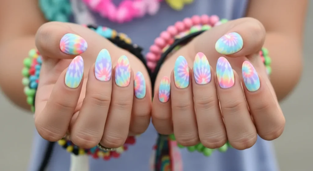 July Nails 2025 Style: Stunning Designs to Elevate Your Summer 11 Pastel tie-dye nail art in lavender, baby blue, and coral on matte medium almond nails.