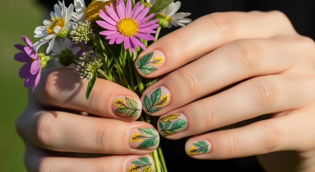 July Nails 2025 Style: Stunning Designs to Elevate Your Summer 7 Wildflower nail art with leafy and floral details on matte clear base nails.