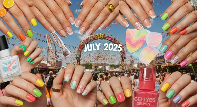 Collage showcasing multiple July nails trends in a vibrant summer festival setting.