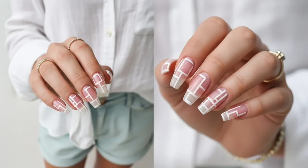 July Nails 2025 Style: Stunning Designs to Elevate Your Summer 9 Negative space geometric nail art in white on sheer pink coffin nails.