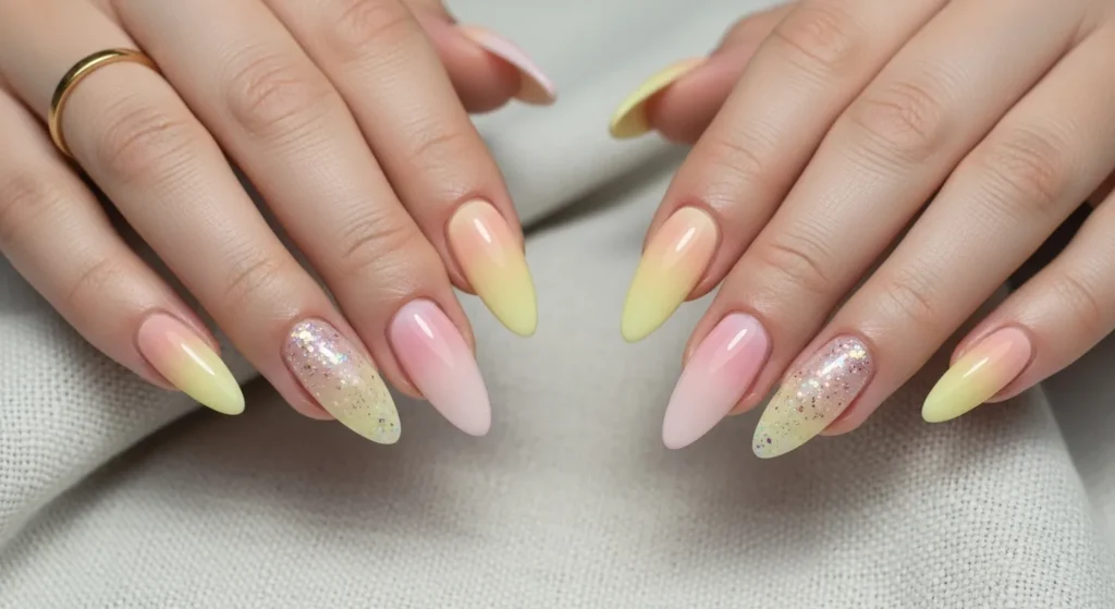 July Nails 2025 Style: Stunning Designs to Elevate Your Summer 6 Soft pastel ombré nails fading from butter yellow to blush pink with micro-glitter accents.