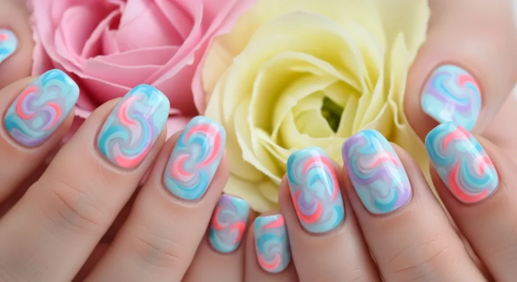 July Nails 2025 Style: Stunning Designs to Elevate Your Summer 4 Watercolor swirl nail art with ocean blue, lavender, and coral tones on glossy nails.