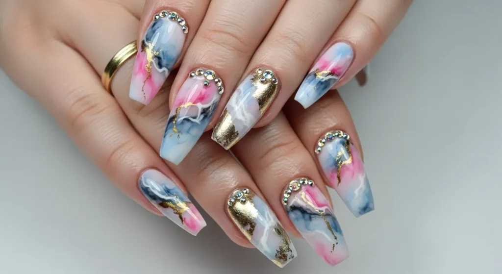 The Cutest Nail Designs June 2025 You’ll Love All Summer 11 Marble nails in soft pink, blue, and gray with gold veins and rhinestone accents.