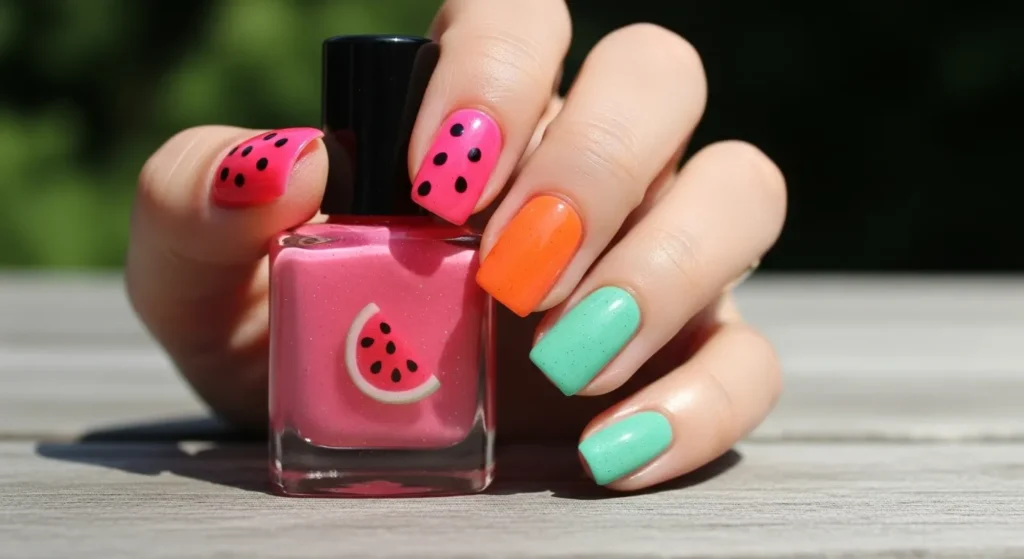The Cutest Nail Designs June 2025 You’ll Love All Summer 5 Glossy sheer jelly nails in watermelon pink, orange, and seafoam green.