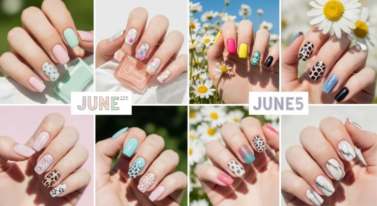 Collage of cutest June 2025 nail designs featuring multiple summer manicure trends.