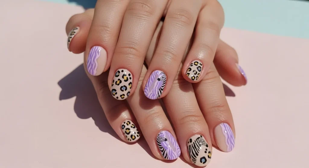 The Cutest Nail Designs June 2025 You’ll Love All Summer 10 Soft beige leopard and lavender zebra nail prints on round nails.