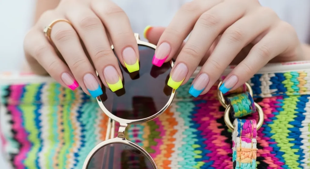 The Cutest Nail Designs June 2025 You’ll Love All Summer 7 Neon French tip nails in yellow, pink, and blue on medium-length nails with sheer bases.
