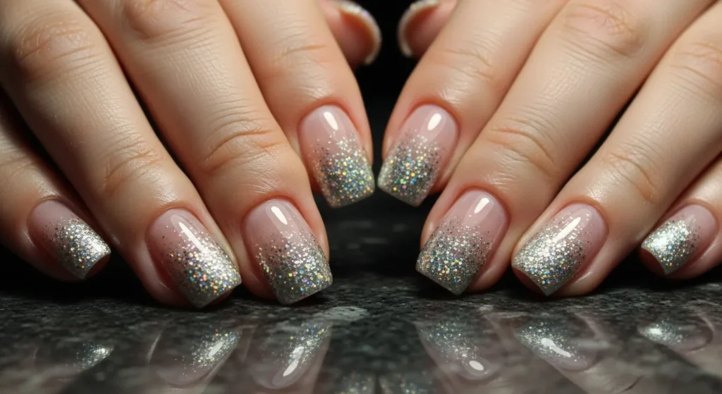 The Cutest Nail Designs June 2025 You’ll Love All Summer 9 Glitter gradient nails with holographic silver and gold glitter on nude base.