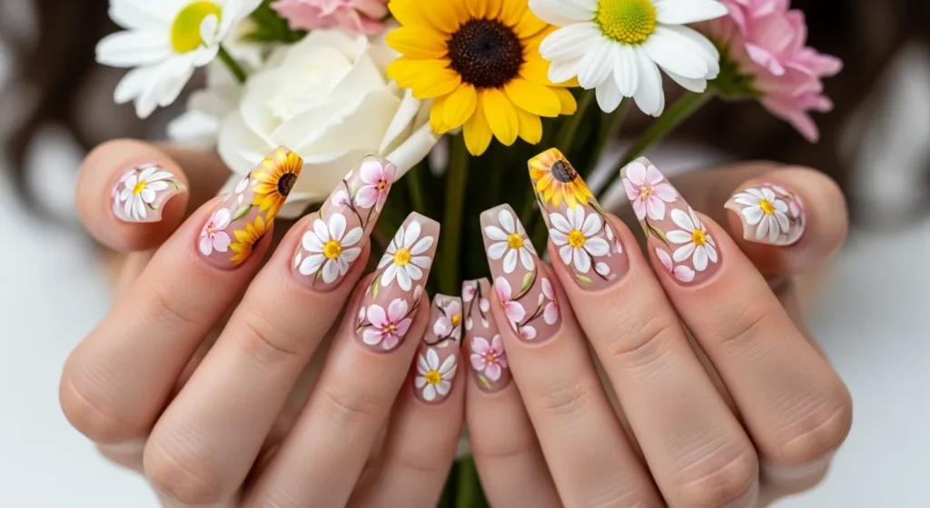 The Cutest Nail Designs June 2025 You’ll Love All Summer 4 Floral nail art on long coffin nails featuring daisies, cherry blossoms, and sunflowers.