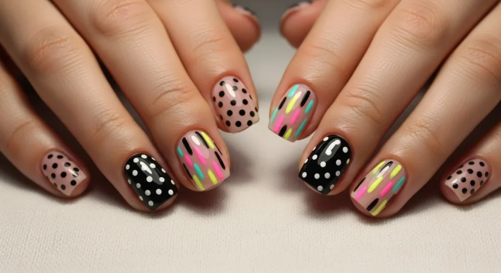 The Cutest Nail Designs June 2025 You’ll Love All Summer 3 Polka dot and dash nail art on short nails with pastel nude and pink bases.