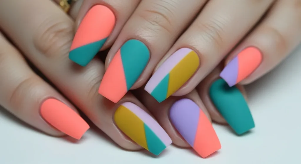 The Cutest Nail Designs June 2025 You’ll Love All Summer 8 Abstract color blocking nail art in coral, teal, lavender, and mustard on coffin-shaped nails.