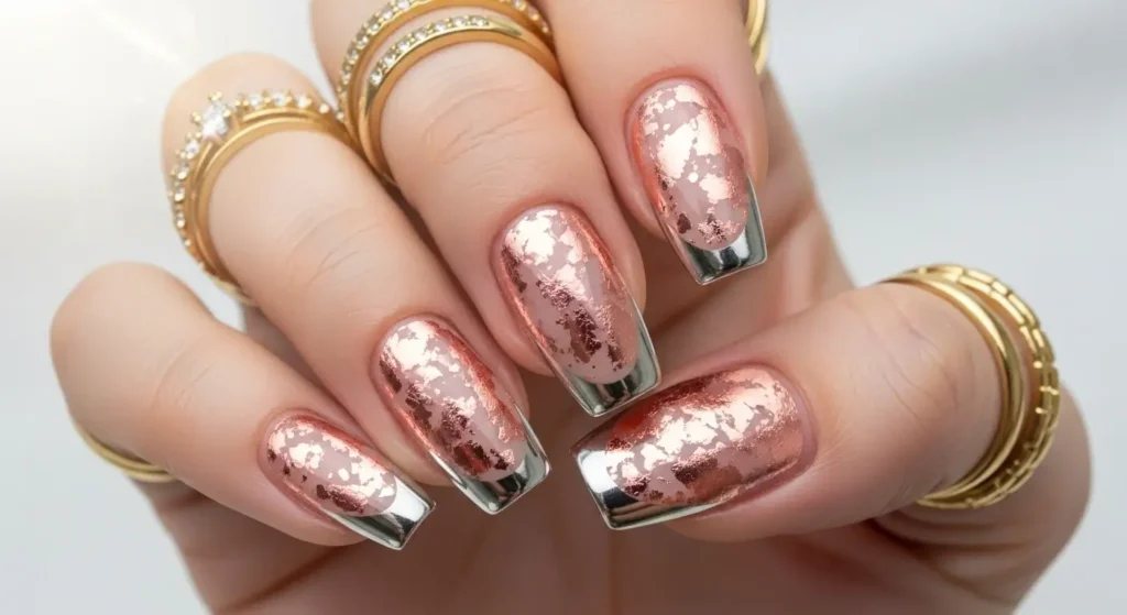 Summer 2025 Nail Trends: From Minimalist Looks to Bold Statements 11 Metallic foil nail accents on nude polish — glam summer nail design for events.