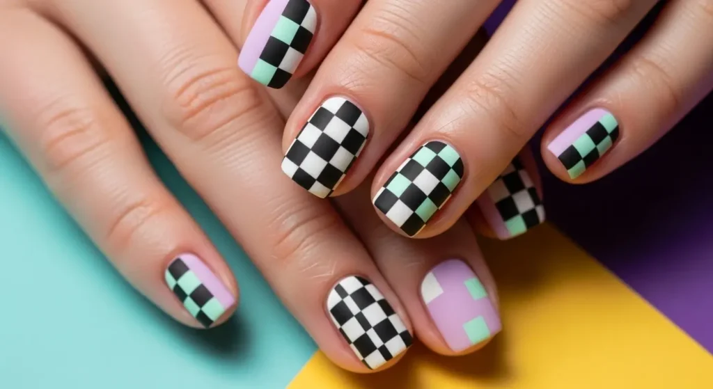 Summer 2025 Nail Trends: From Minimalist Looks to Bold Statements 13 Pastel checkerboard nails — graphic summer 2025 nail art with a retro twist.