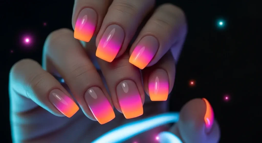 Summer 2025 Nail Trends: From Minimalist Looks to Bold Statements 5 Neon aura nails in bold summer tones — futuristic 2025 nail trend.