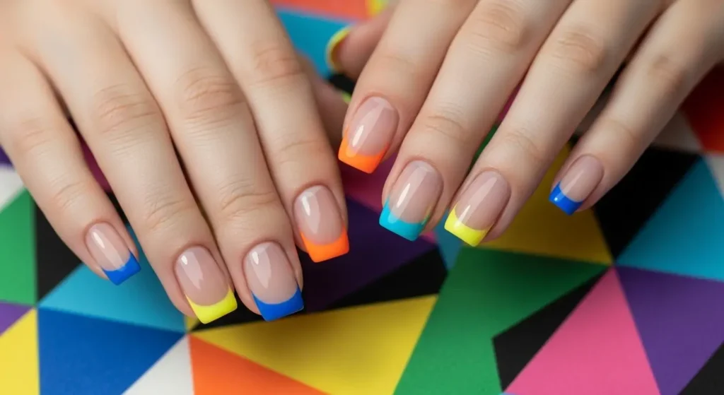 Summer 2025 Nail Trends: From Minimalist Looks to Bold Statements 4 Graphic micro French tip nails in bright shades — subtle yet bold summer 2025 nail trends design.