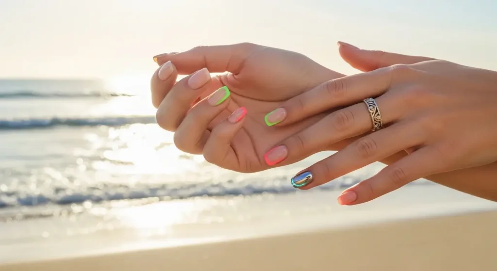 Summer 2025 Nail Trends: From Minimalist Looks to Bold Statements 1 Diverse hands showcasing trending summer 2025 nail styles with tropical background.