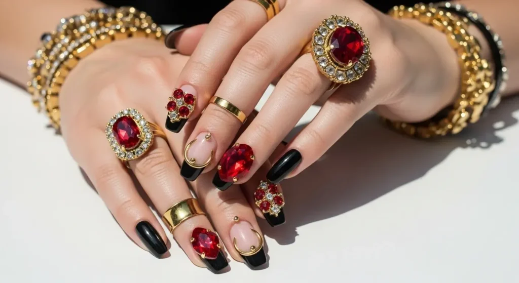 Summer 2025 Nail Trends: From Minimalist Looks to Bold Statements 14 Statement nail jewelry and decals — high-drama summer trend with editorial appeal.