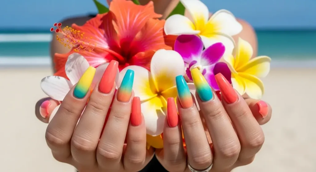 Summer 2025 Nail Trends: From Minimalist Looks to Bold Statements 7 Tropical ombre nails in beachy coral and turquoise gradients — vacation-ready look.