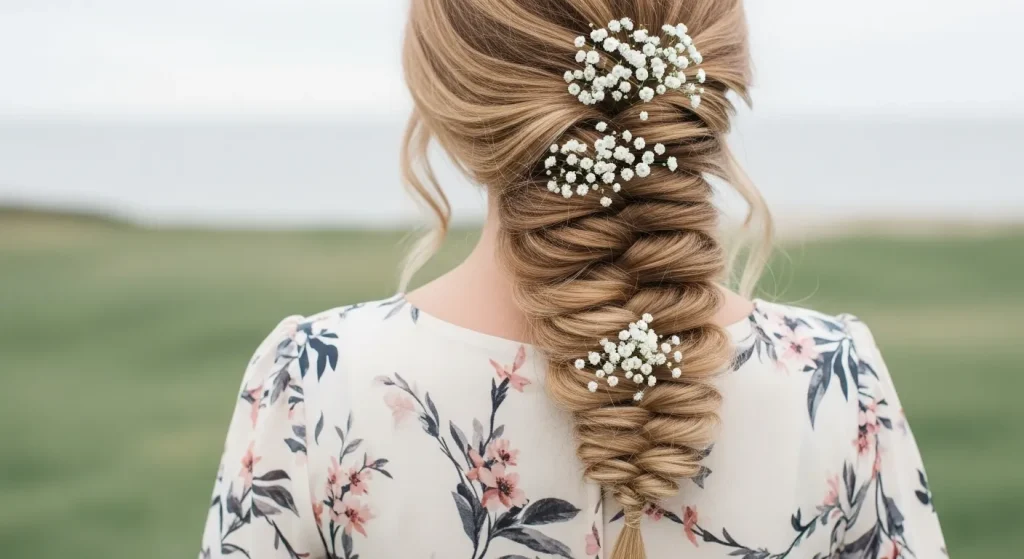 Best Aesthetic Summer Hairstyles, Radiate Sun-Kissed Beauty 15 "Side-swept fishtail braid with floral accents for a soft summer aesthetic"