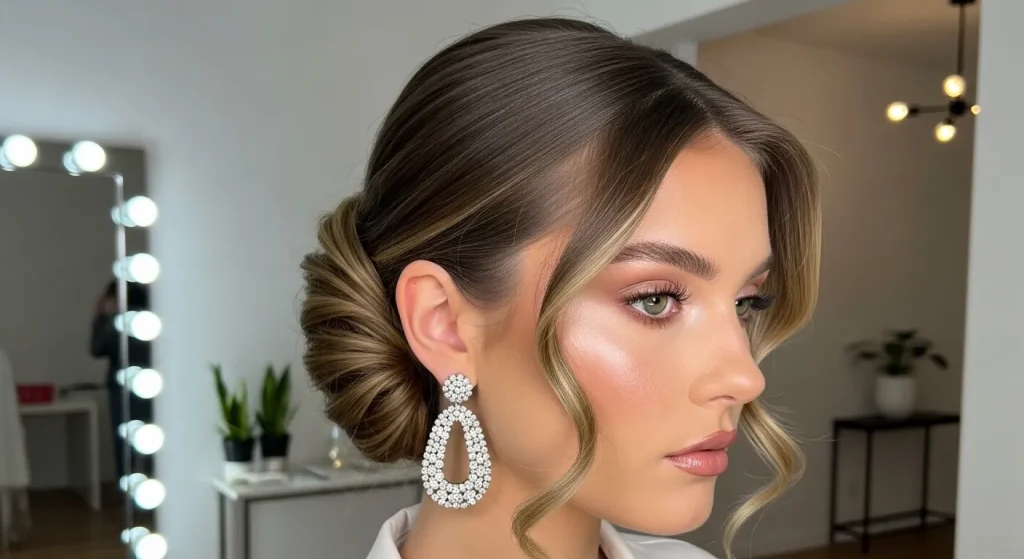 Best Aesthetic Summer Hairstyles, Radiate Sun-Kissed Beauty 10 "Sleek middle-part low bun with curled tendrils for elegant summer looks"