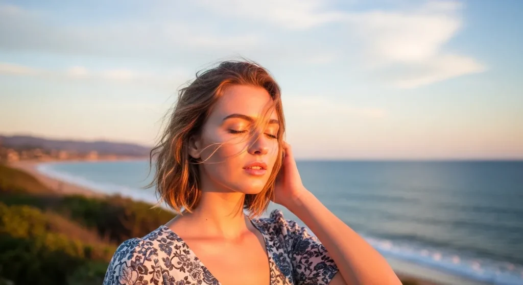 Best Aesthetic Summer Hairstyles, Radiate Sun-Kissed Beauty 5 "Sun-kissed woman with beachy waves standing by the ocean at sunset, showcasing an aesthetic summer hairstyle"