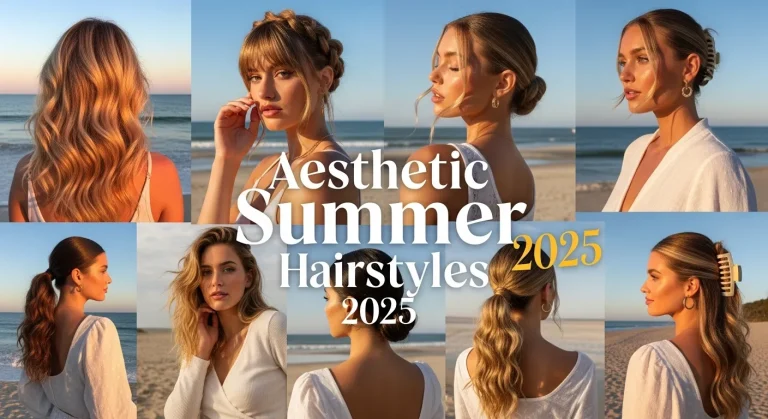 "Collage of aesthetic summer hairstyles for 2025 featuring beachy waves, braids, and updos on sun-kissed women"
