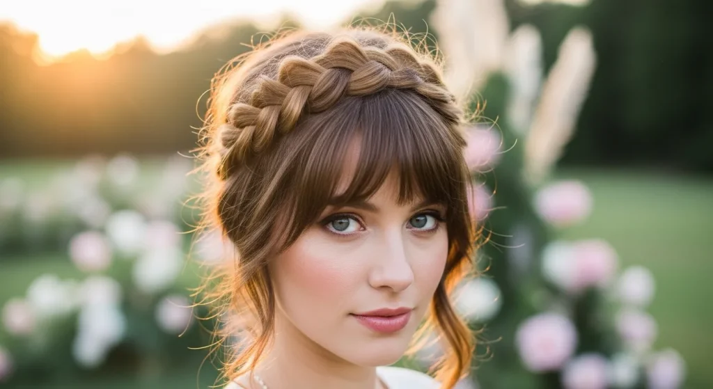 Best Aesthetic Summer Hairstyles, Radiate Sun-Kissed Beauty 7 "Braided crown with wispy bangs on a woman in a romantic garden setting"