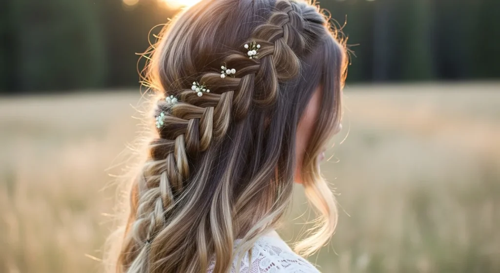 Best Aesthetic Summer Hairstyles, Radiate Sun-Kissed Beauty 12 "Waterfall braid over loose waves with floral pins, giving fairycore aesthetic"