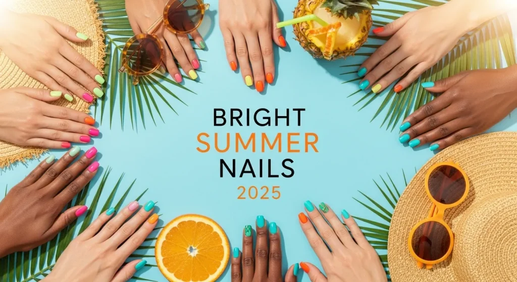 Side-by-side visual showing almond, coffin, and short nails painted with bright summer nail designs like ombre, chrome, and fruit art. Set against a white clean beauty salon background.