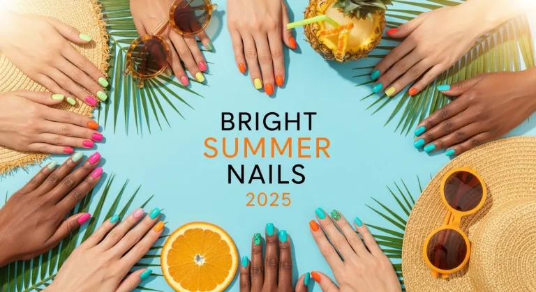 Side-by-side visual showing almond, coffin, and short nails painted with bright summer nail designs like ombre, chrome, and fruit art. Set against a white clean beauty salon background.