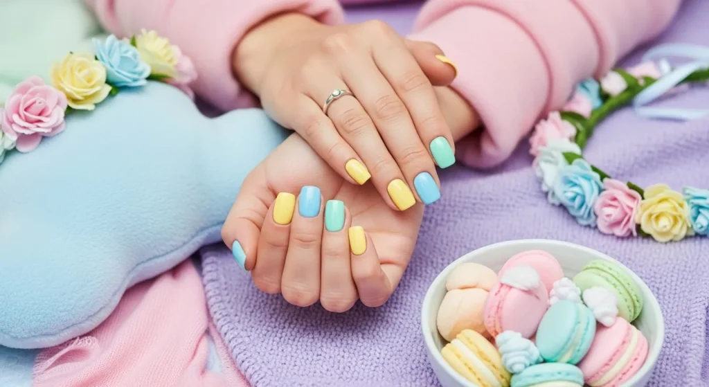 Bright Summer Nails 2025: Vibrant Designs to Heat Up Your Look 9 Bright pastel summer nails in soft yellow, green, and blue shades.