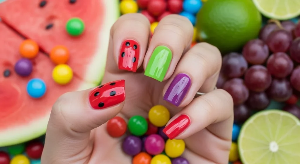 Bright Summer Nails 2025: Vibrant Designs to Heat Up Your Look 6 Juicy jelly nails in bright summer colors like red, orange, and green.