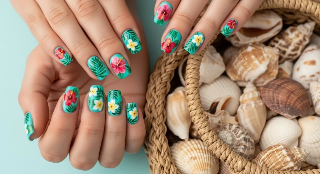 Bright Summer Nails 2025: Vibrant Designs to Heat Up Your Look 3 Bright tropical floral nail art with turquoise base, perfect for vacation vibes.