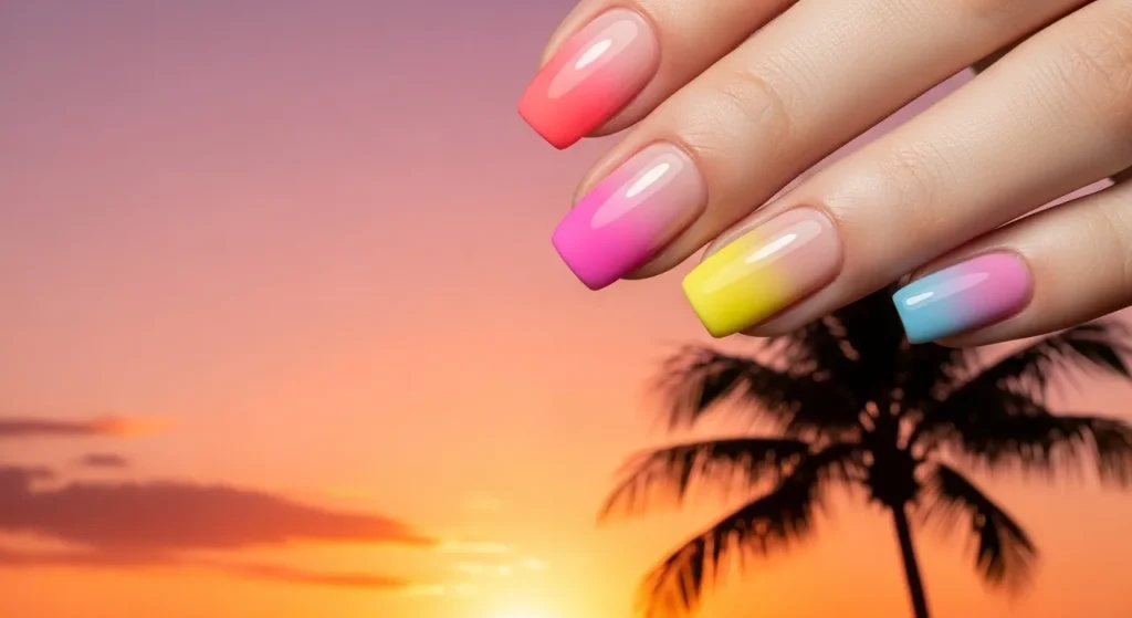 Bright Summer Nails 2025: Vibrant Designs to Heat Up Your Look 7 Summer ombre sunset nails blending coral, pink, and lavender shades.