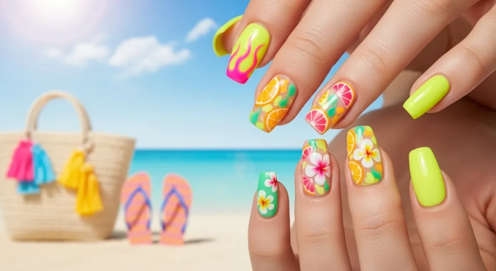 Bright Summer Nails 2025: Vibrant Designs to Heat Up Your Look 1 Bright summer nails 2025 in neon and tropical styles, styled against a sunny beach backdrop.