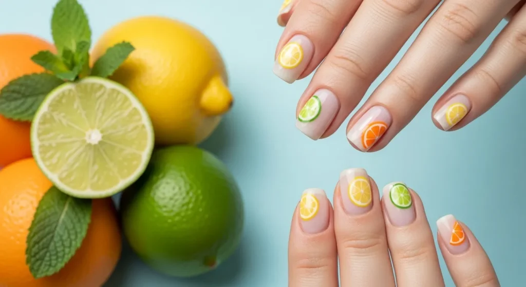 Bright Summer Nails 2025: Vibrant Designs to Heat Up Your Look 4 Citrus fruit slice nail art with lemon, lime, and orange details on a fresh pastel base.
