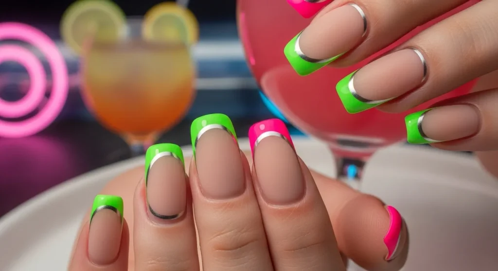 Bright Summer Nails 2025: Vibrant Designs to Heat Up Your Look 2 Neon French tip nails in pink and green with matte base and chrome accents.