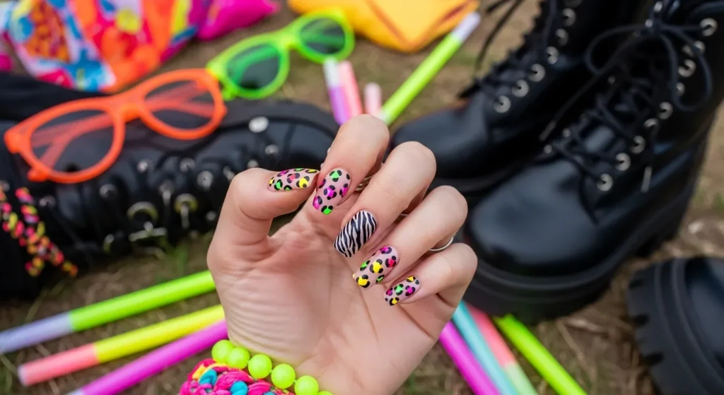 Bright Summer Nails 2025: Vibrant Designs to Heat Up Your Look 11 Neon animal print summer nails in zebra and leopard patterns.