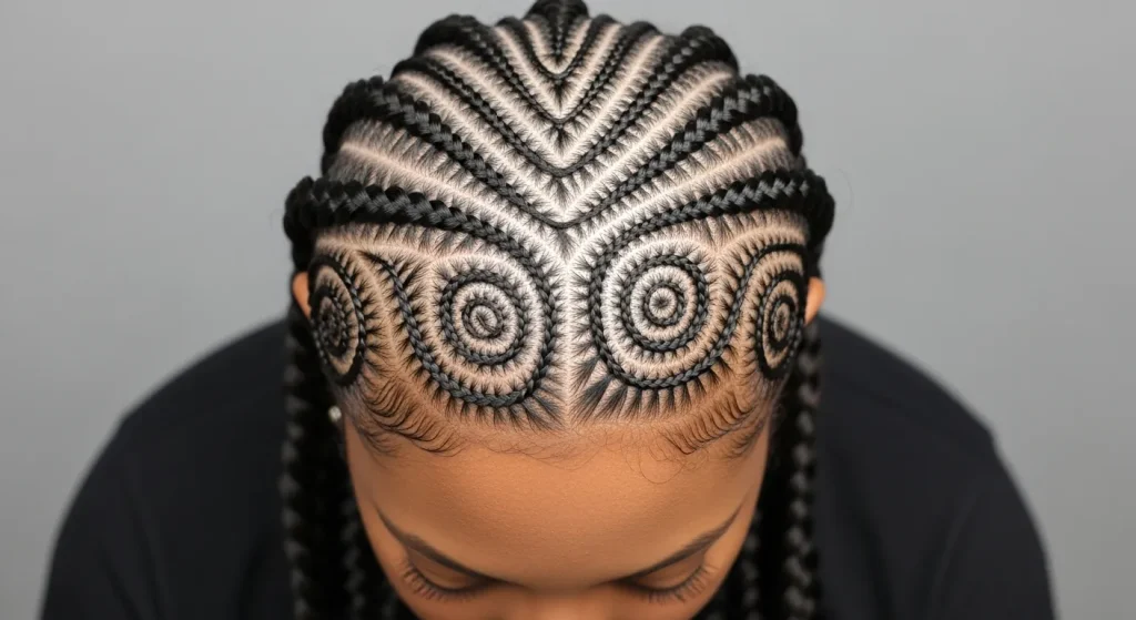 Top Trending Hairstyles Braids 2025 you need to try now 8 Intricate cornrows featuring heart and spiral patterns with feed-in braids, shown in a detailed close-up.