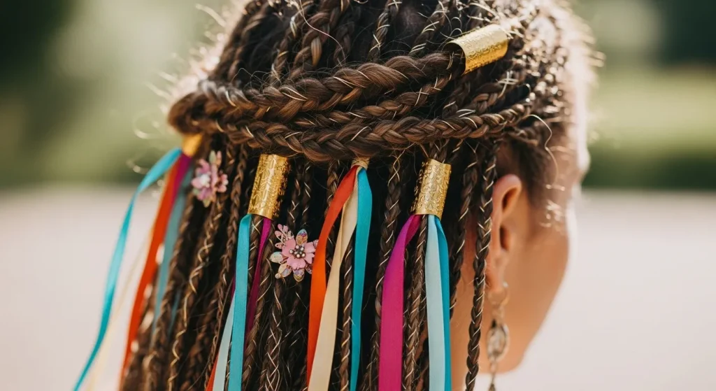 Top Trending Hairstyles Braids 2025 you need to try now 9 Close-up of hairstyles braids 2025 embellished with gold cuffs, metallic threads, silk ribbons, and floral clips.