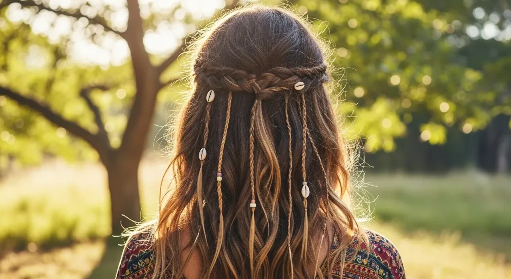 Top Trending Hairstyles Braids 2025 you need to try now 7 Loose waves with small boho accent braids adorned with beads and shells, in an outdoor festival setting.