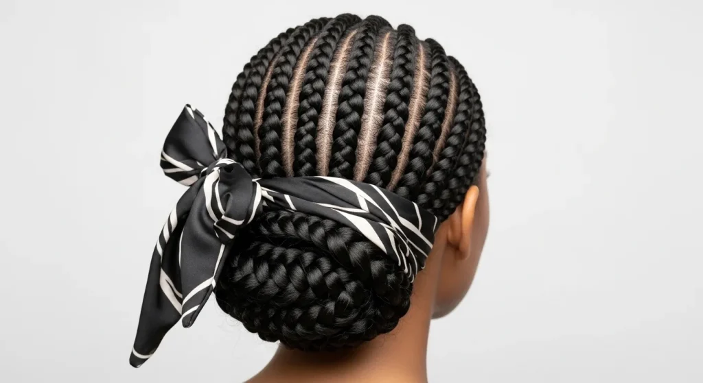 Top Trending Hairstyles Braids 2025 you need to try now 6 Low braided cornrow bun with styled baby hairs and satin scarf wrap, photographed in a sleek studio setting.