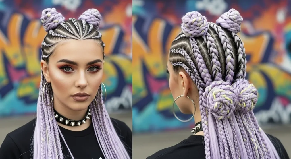 Top Trending Hairstyles Braids 2025 you need to try now 5 Two Dutch braids with zig-zag parts and neon extensions styled into space buns against a graffiti wall.