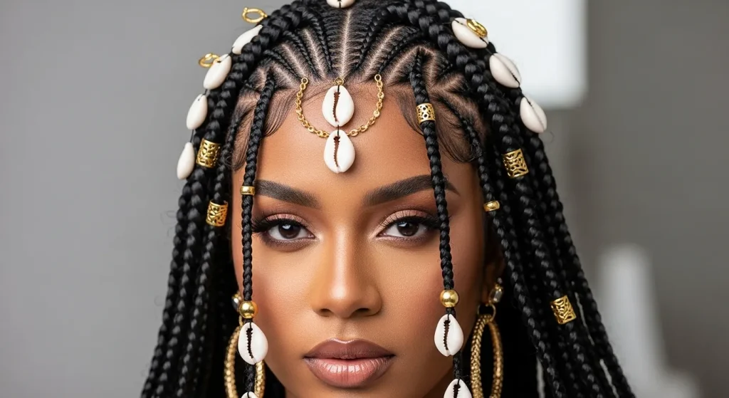 Top Trending Hairstyles Braids 2025 you need to try now 4 Fulani braids with cornrows, cowrie shells, gold rings, and beads, showcasing intricate cultural hairstyle details.