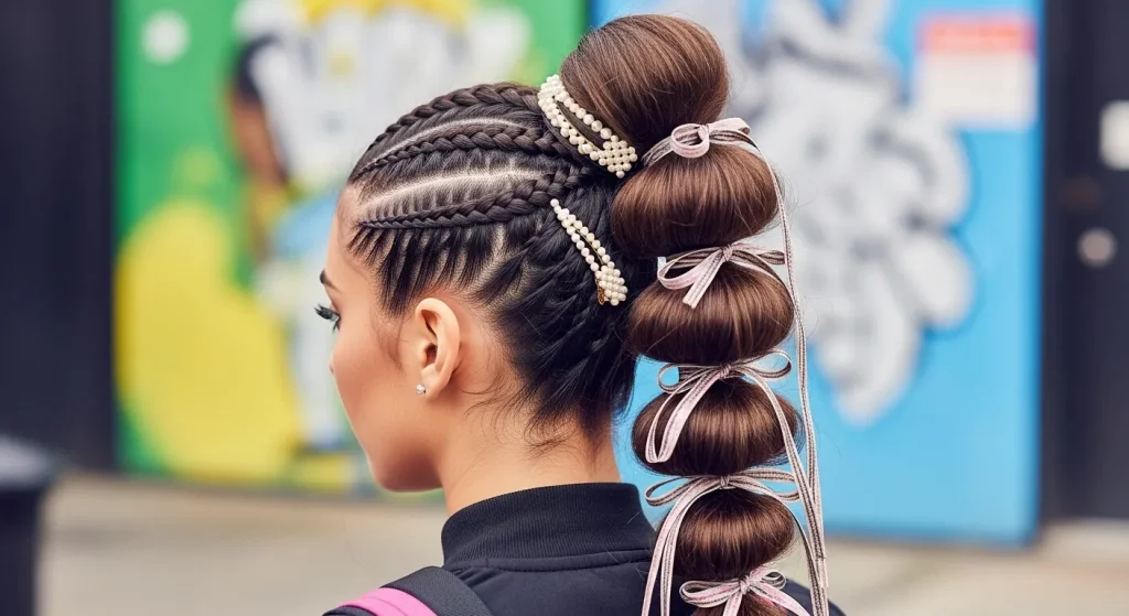 Top Trending Hairstyles Braids 2025 you need to try now 3 High braided ponytail with Dutch braids and silk ribbons, accented with pearl clips, styled in a vibrant streetwear look.