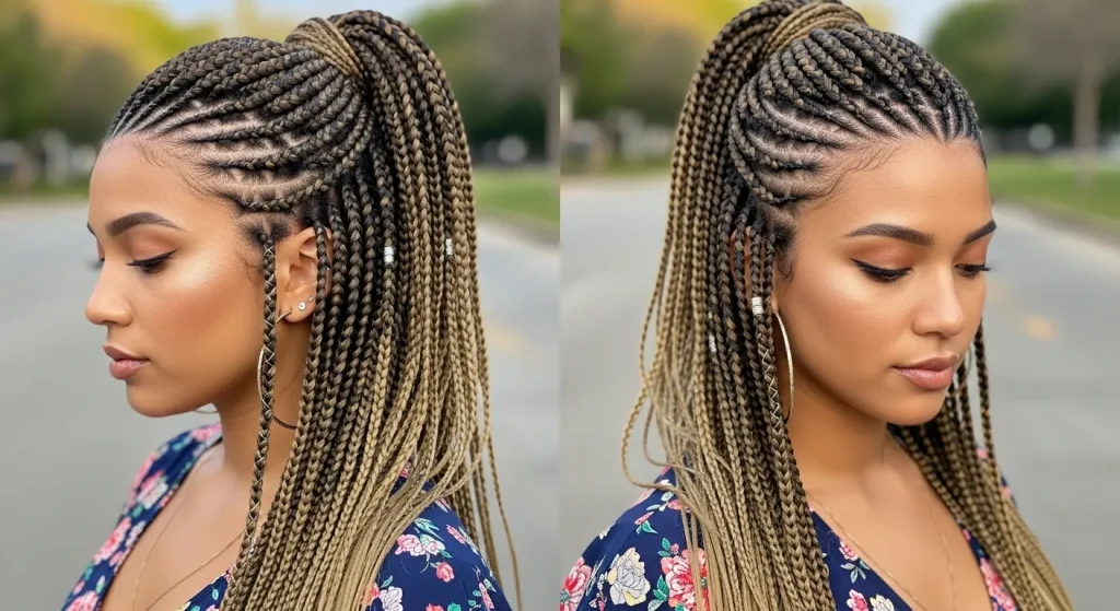Top Trending Hairstyles Braids 2025 you need to try now 2 Long knotless box braids styled half-up with metallic thread accents, showing a natural scalp and lightweight look.