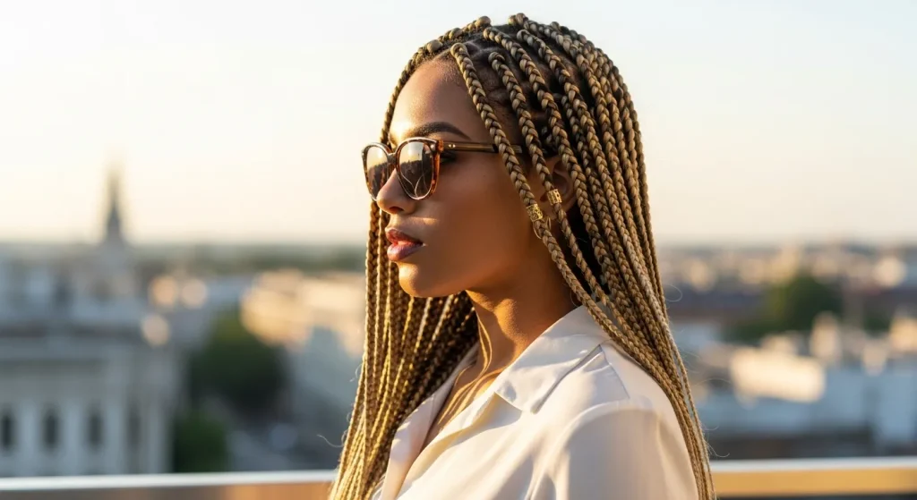 Top Trending Hairstyles Braids 2025 you need to try now 1 Close-up of a woman with pastel-tinged knotless box braids adorned with gold cuffs, set against a sunlit urban background.
