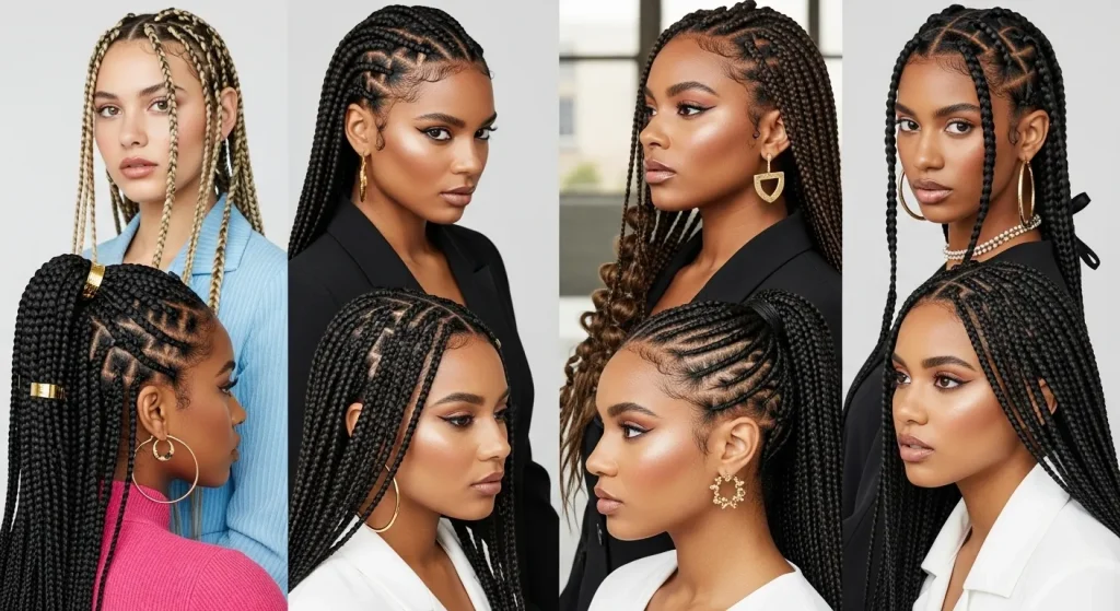 Diverse women displaying trendy hairstyles braids of 2025, including knotless box braids, Dutch braids, and braided ponytails, styled with gold cuffs and ribbons in a modern studio with summer lighting.